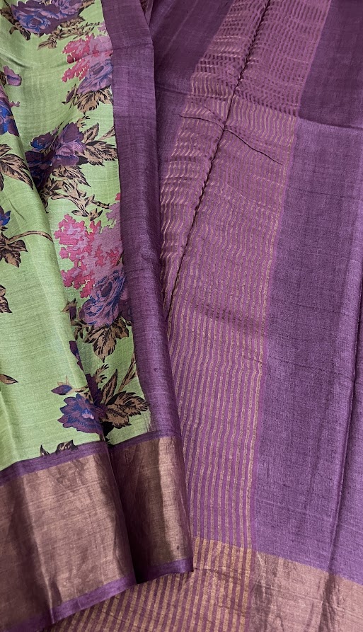 Maya - Russian green Purple floral tussar printed saree