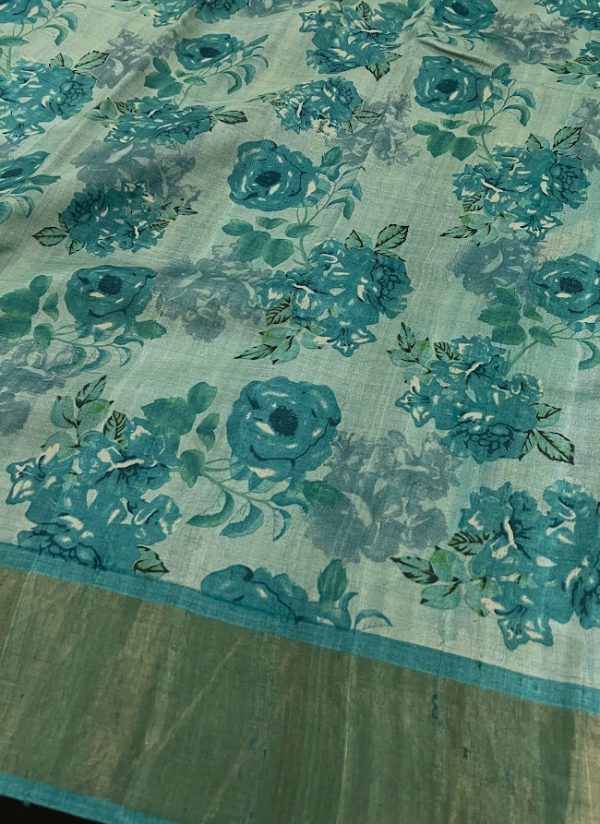Maya - teal floral printed tussar saree