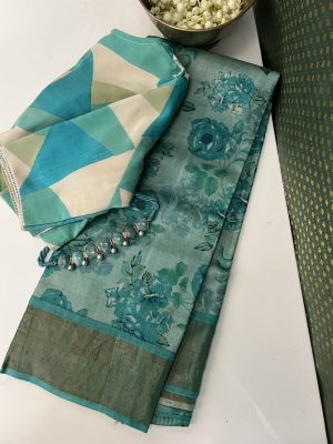 Maya - teal floral printed tussar saree