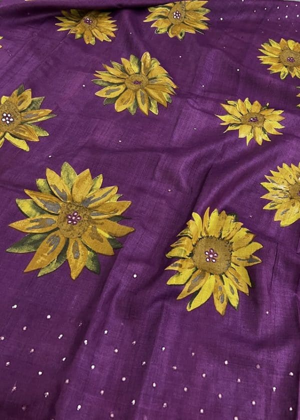 Tashi - Aubergine handprinted tussar saree with mirror highlights