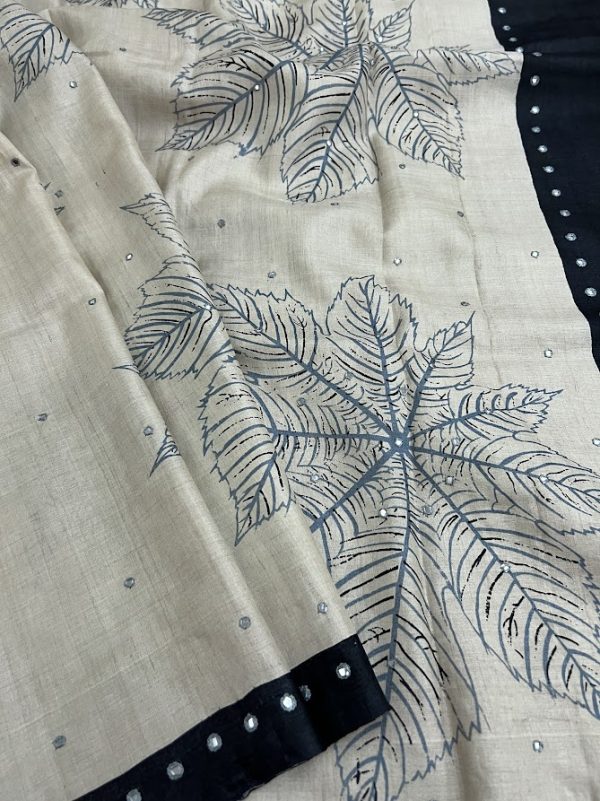 Tashi - Black and beige handprinted saree with kantha work