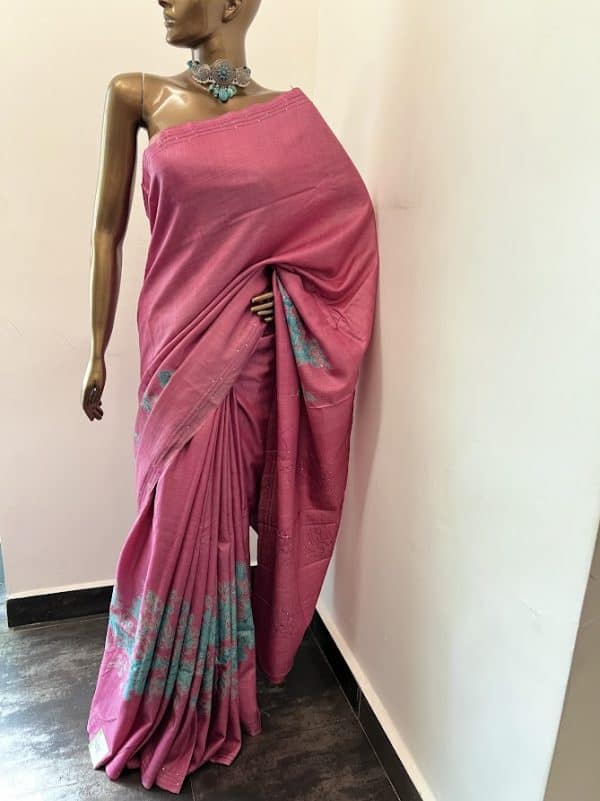 Tashi - Pink blue handprinted saree with kantha work