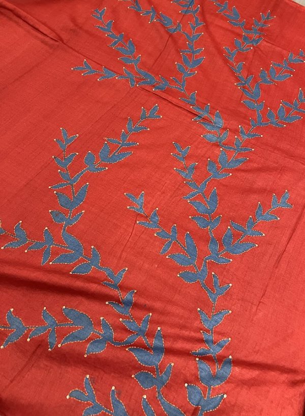 Tashi - Red hand printed saree with kantha embroidery