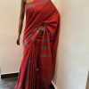 Tashi - Red hand printed saree with kantha embroidery