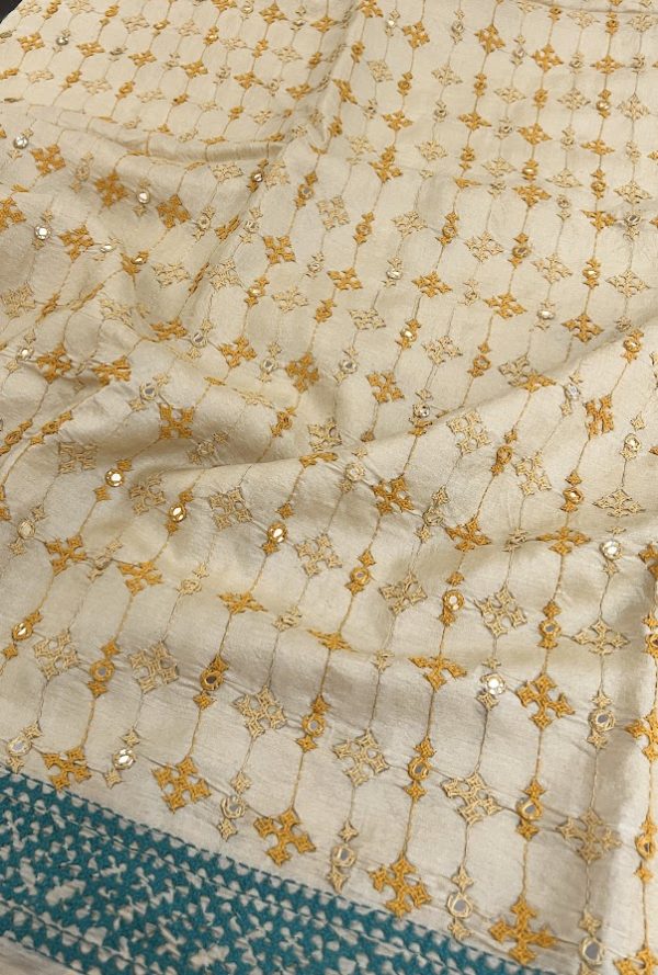 Tushara Beige yellow kutch embroidered tussar saree
