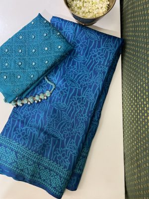 Tushara Blue kutch embroidered tussar saree