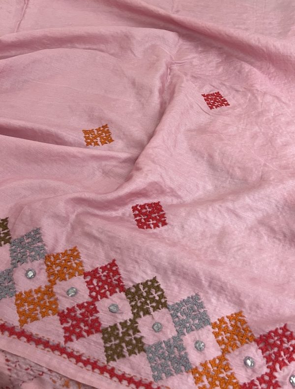 Tushara Pink multihued kutch embroidered tussar saree