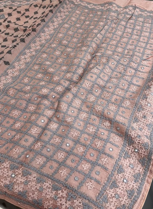 Tushara dusty pink grey kutch embroidered tussar saree