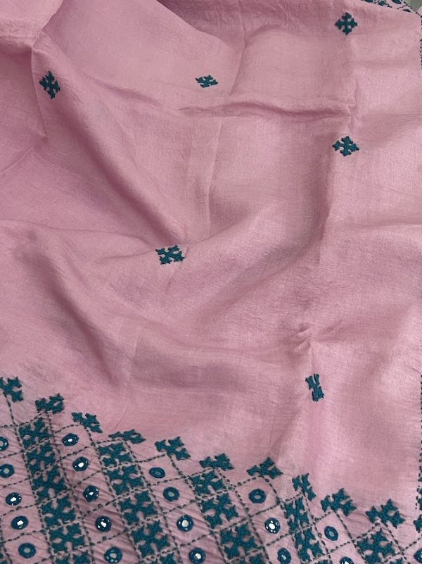 Tushara pink teal kutch embroidered tussar saree