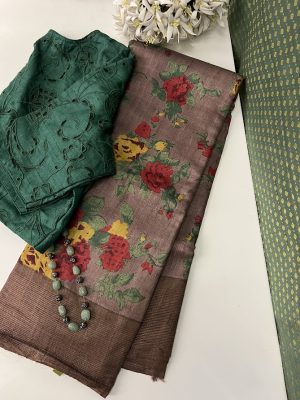 Veena brown floral handprinted tussar saree
