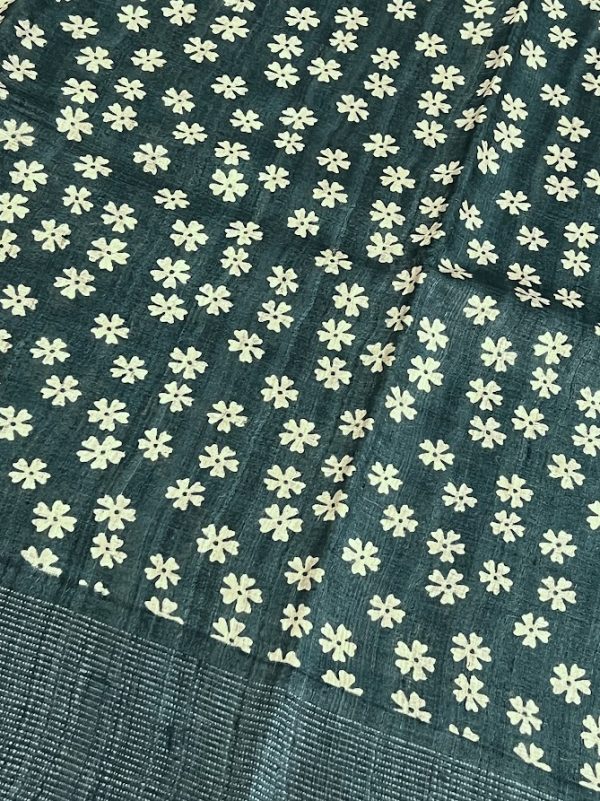 Veena dark green little flowers handprinted tussar saree