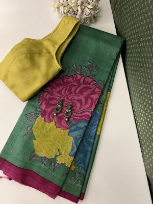 Veena green hydrangea print tussar saree