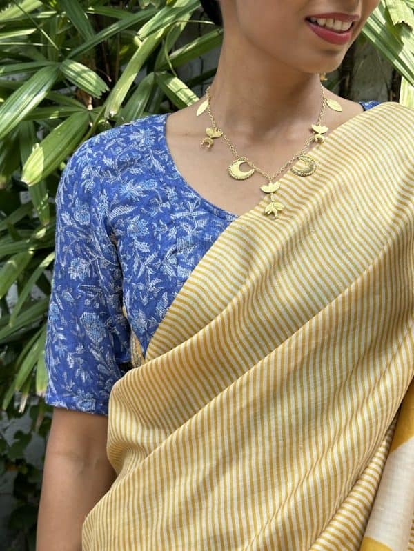 Blue printed kota blouse with mustard accents