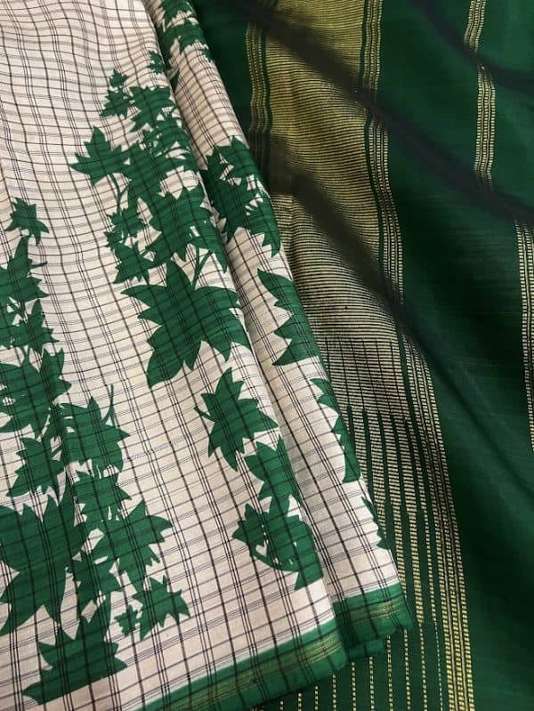 Mila Green beige block printed kanchipuram silk saree