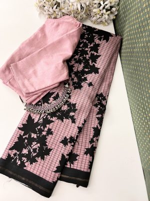 Mila Pink black block printed kanchipuram silk saree