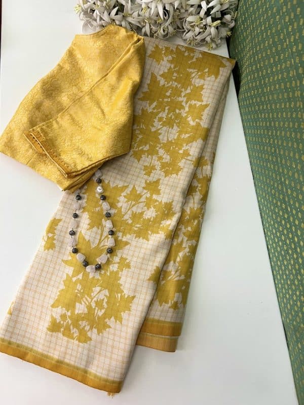 Mila Yellow beige block printed kanchipuram silk saree