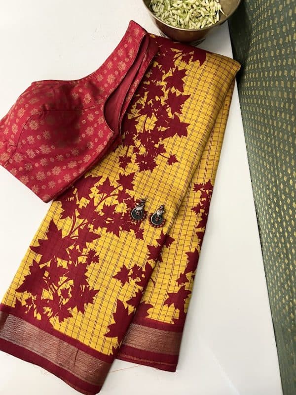 Mila Yellow maroon block printed kanchipuram silk saree