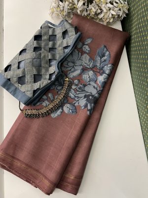 Mila cocoa grey buttercup printed kanchipuram silk saree