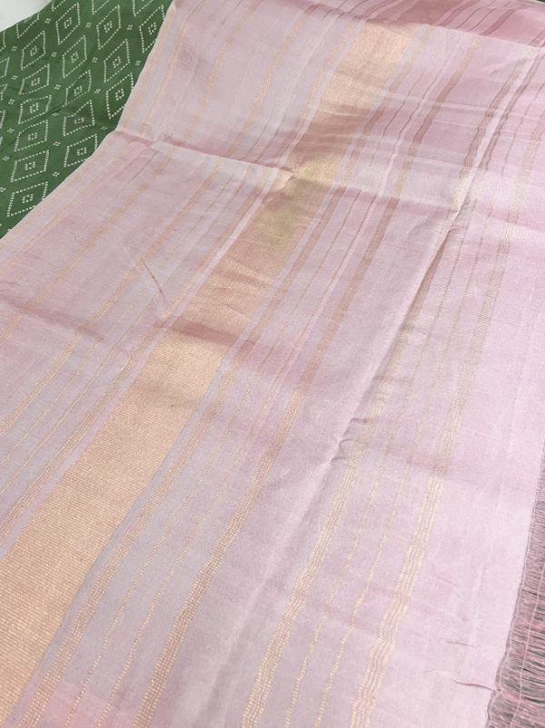 Mila- green dusty pink bandhani printed Kancheepuram silk saree