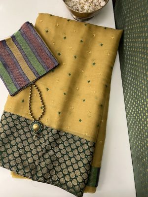 Mishrita Gold and green organza saree with kanchi silk border