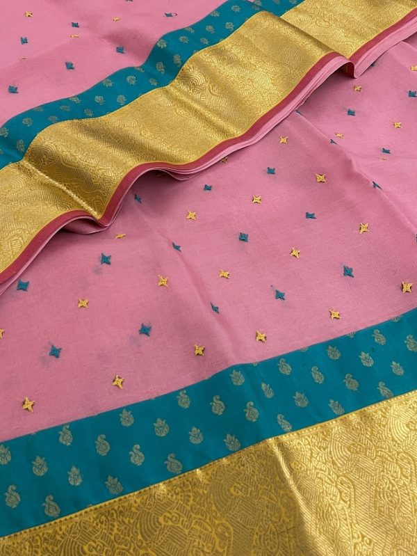 Mishrita pink teal organza saree with kanchi silk border
