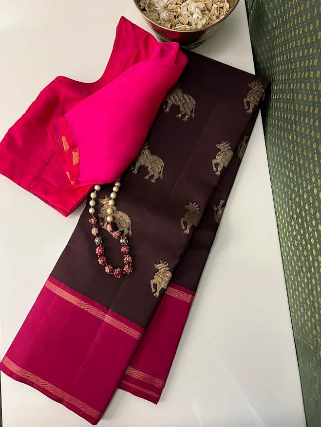 Mohana deep brown pink Kamadhenu silk saree