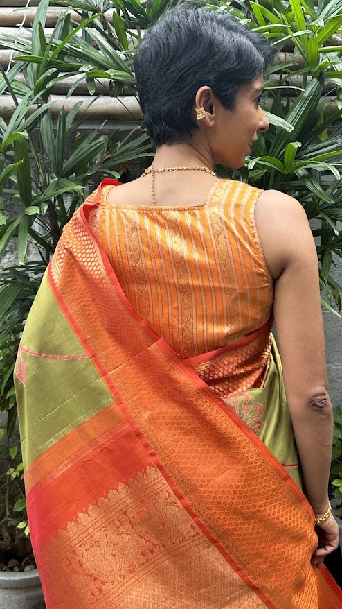 Nidhi chartruse kanchipuram silk applique saree