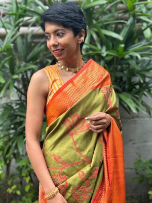 Nidhi chartruse kanchipuram silk applique saree