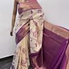 Nidhi cream purple kanchipuram silk applique saree