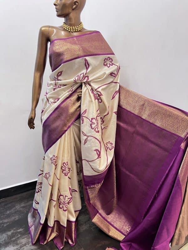 Nidhi cream purple kanchipuram silk applique saree