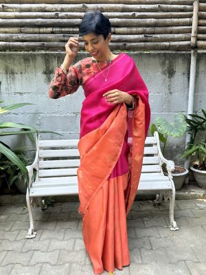 Ranya Orange pink micro checked kanchipuram silk saree