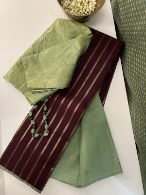 Alani brown pastel green striped kanchipuram silk saree