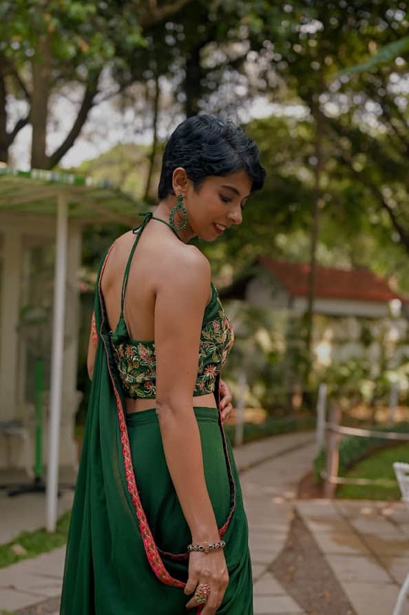 Green embroidered silk halter blouse