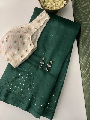 Green tussar cutwork saree