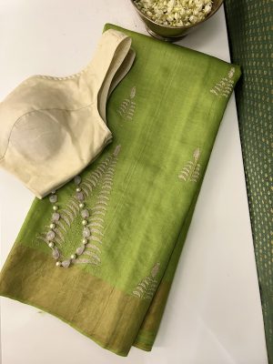 Lime green hand embroidered tussar saree