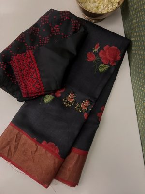 Maya Black red rose handprinted tussar saree