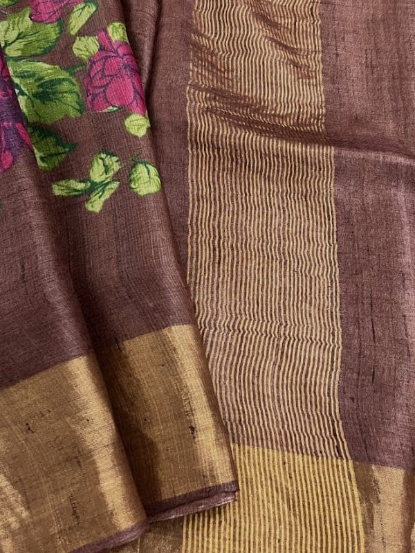 Maya brown buttercup printed tussar saree