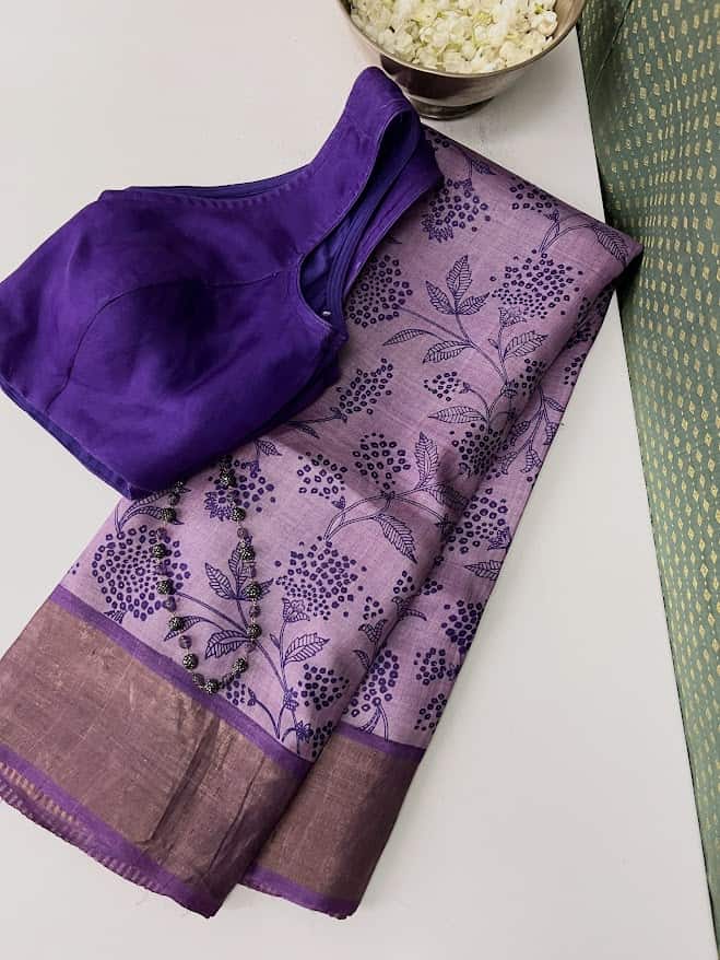 Maya purple floral handprinted tussar saree