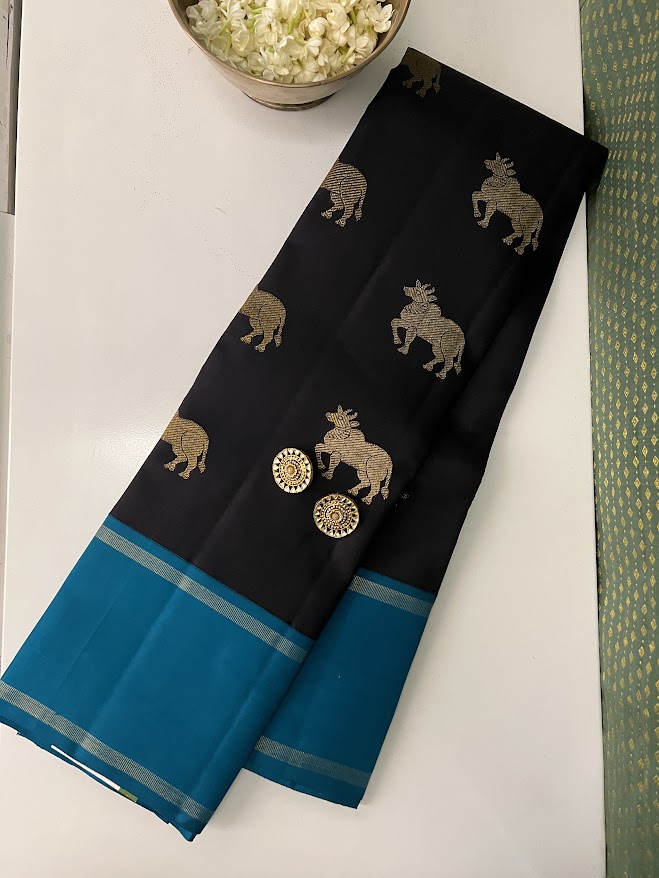 Mohana black blue kamadhenu kanchipuram silk saree