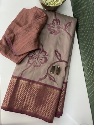 Nidhi mocha mauve applique kanchipuram silk saree