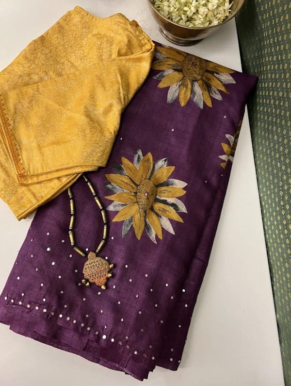 Tashi Aubergine handprinted tussar saree with mirror highlights