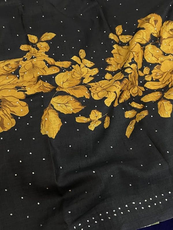 Tashi black buttercup printed tussar saree with mukaish work