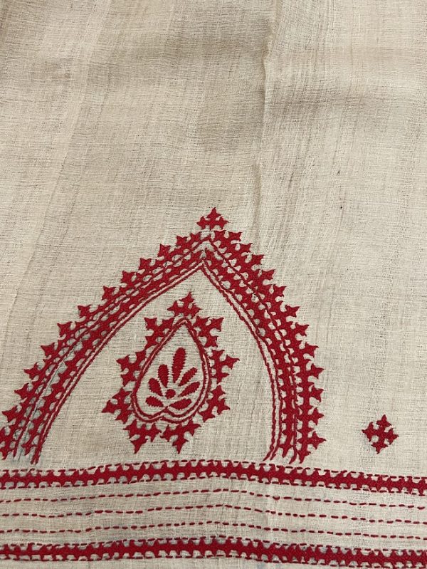 Tushara Beige red kutch embroidered tussar saree