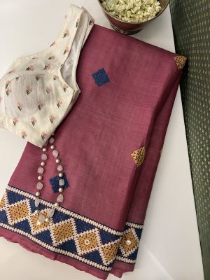 Tushara maroon kutch embroidered tussar saree