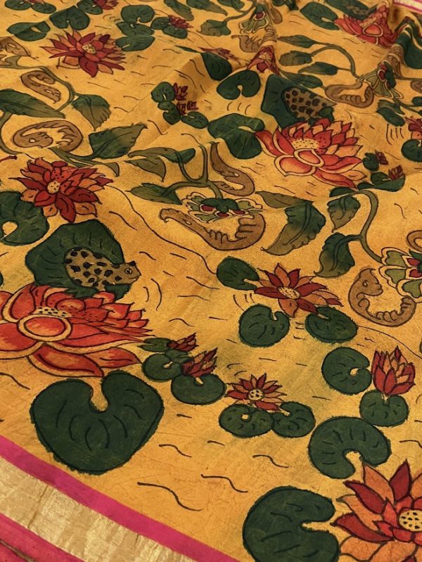Kalpataru mustard lotus kanchipuram kalamkari saree