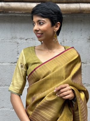 Meera honey mustard maroon chevron kanchipuram silk saree