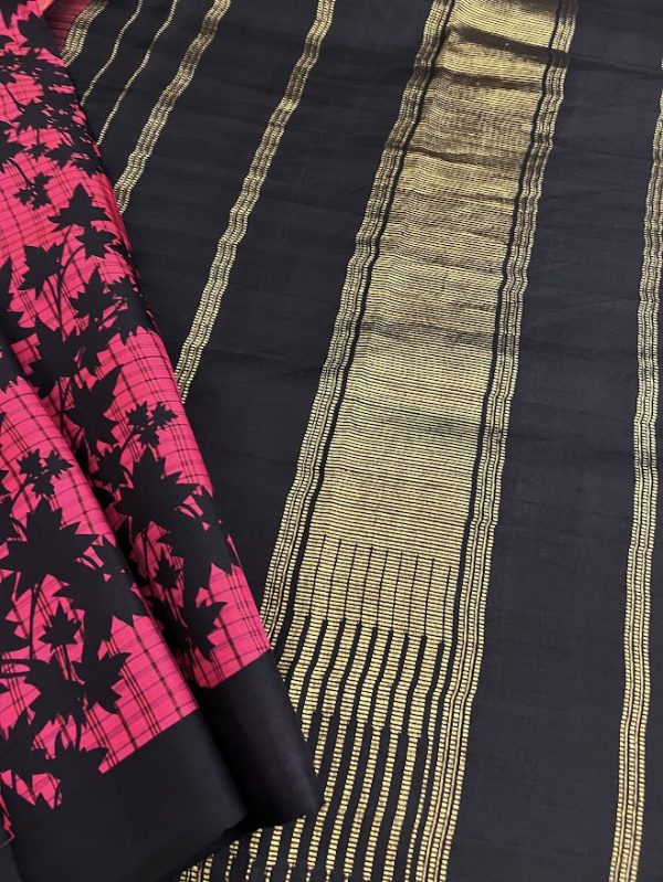 Mila pink black maple leaf printed kanchipuram silk saree