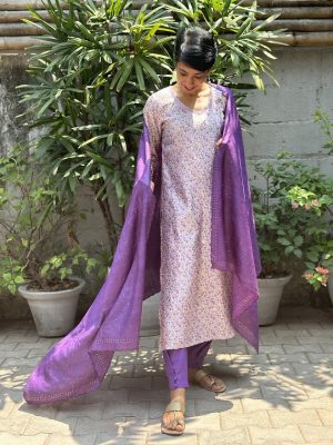 Rang cream purple silk kurta