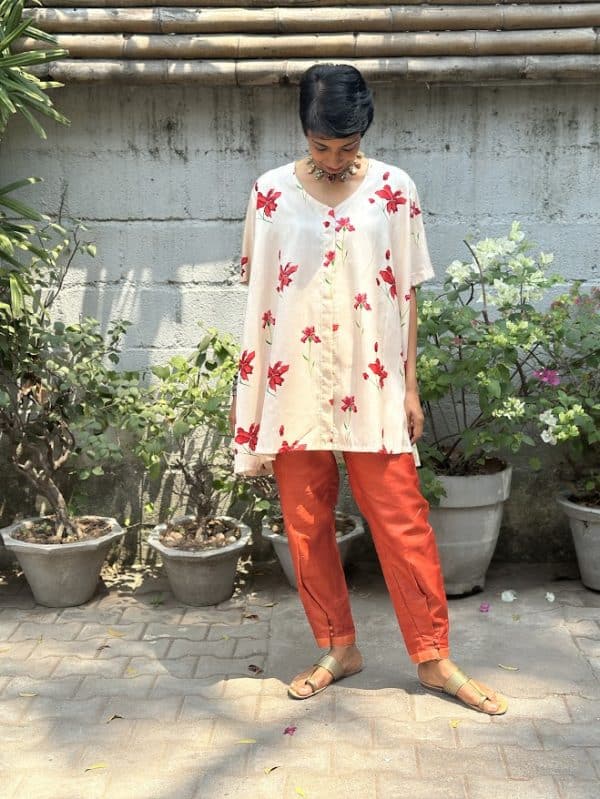 Rang cream red silk tunic