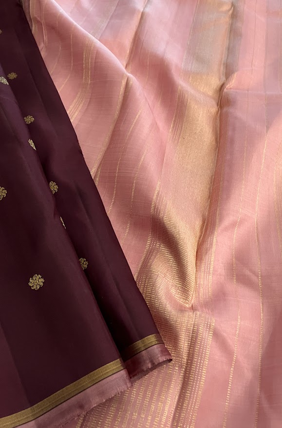Vera chocolate brown and dusty pink kanchipuram silk saree